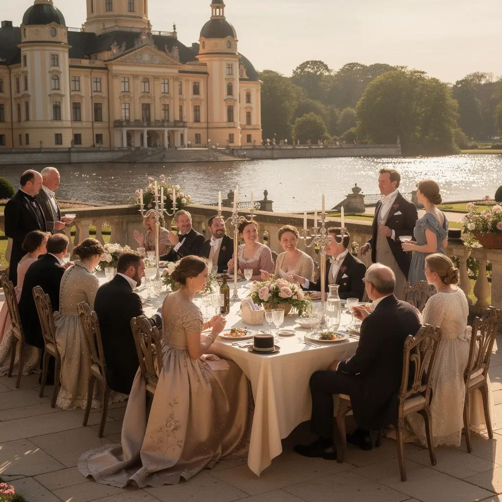 Die beeindruckende Fassade des Schlosses, verziert mit kunstvollen Statuen und historischen Elementen.