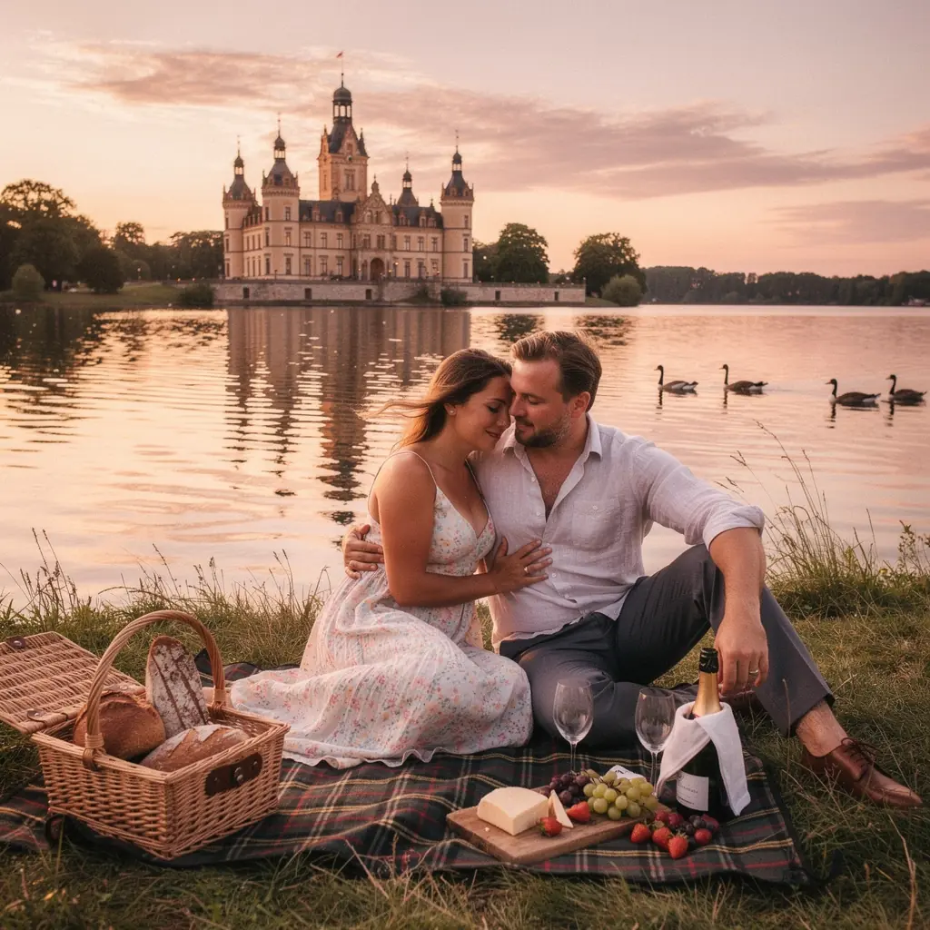 Ein romantischer Weg im Garten, gesäumt von alten Bäumen und romantischen Bänken zum Verweilen.