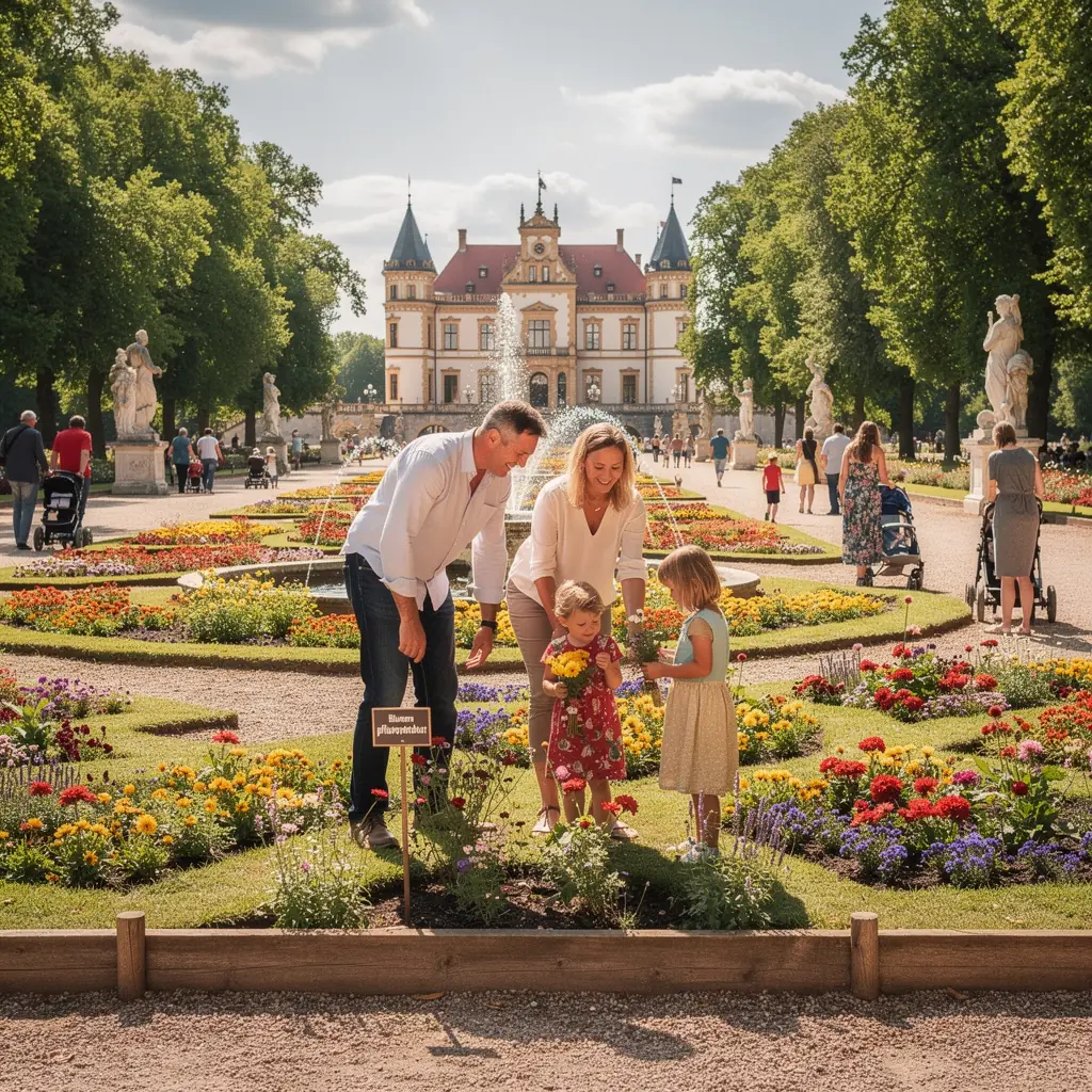 Detailaufnahme eines kunstvollen Brunnens im Schlossgarten, umgeben von blühenden Pflanzen.
